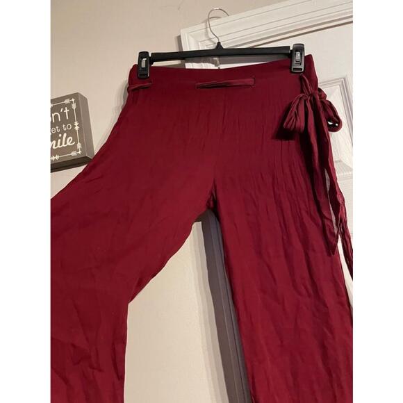Valentino Roma Silk Palazzo Vintage Tie Wide Trouser Burgundy pant Sz 10 coastal - Picture 4 of 8